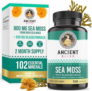 Ancient Bliss Organic Irish Sea Moss Pills - Dr Sebi Wildcrafted Seamoss Capsules | Thyroid, Healthy Skin & Gut Support | 120 Capsules