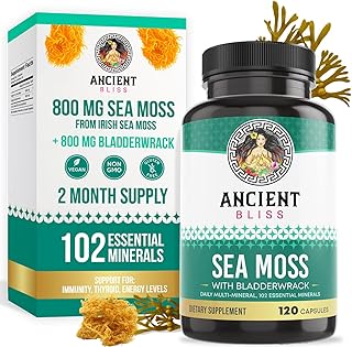 Ancient Bliss Organic Irish Sea Moss Pills - Dr Sebi Wildcrafted Seamoss Capsules | Thyroid, Healthy Skin & Gut Support | 120 Capsules
