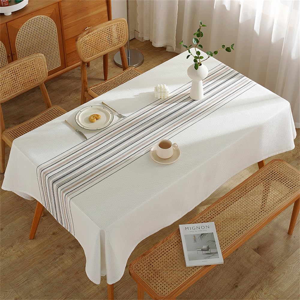 Tovaglia Rustica Rettangolare In Cotone E Lino: 140x218 Cm, Motivo A Linee Caffè, Con Nappe
