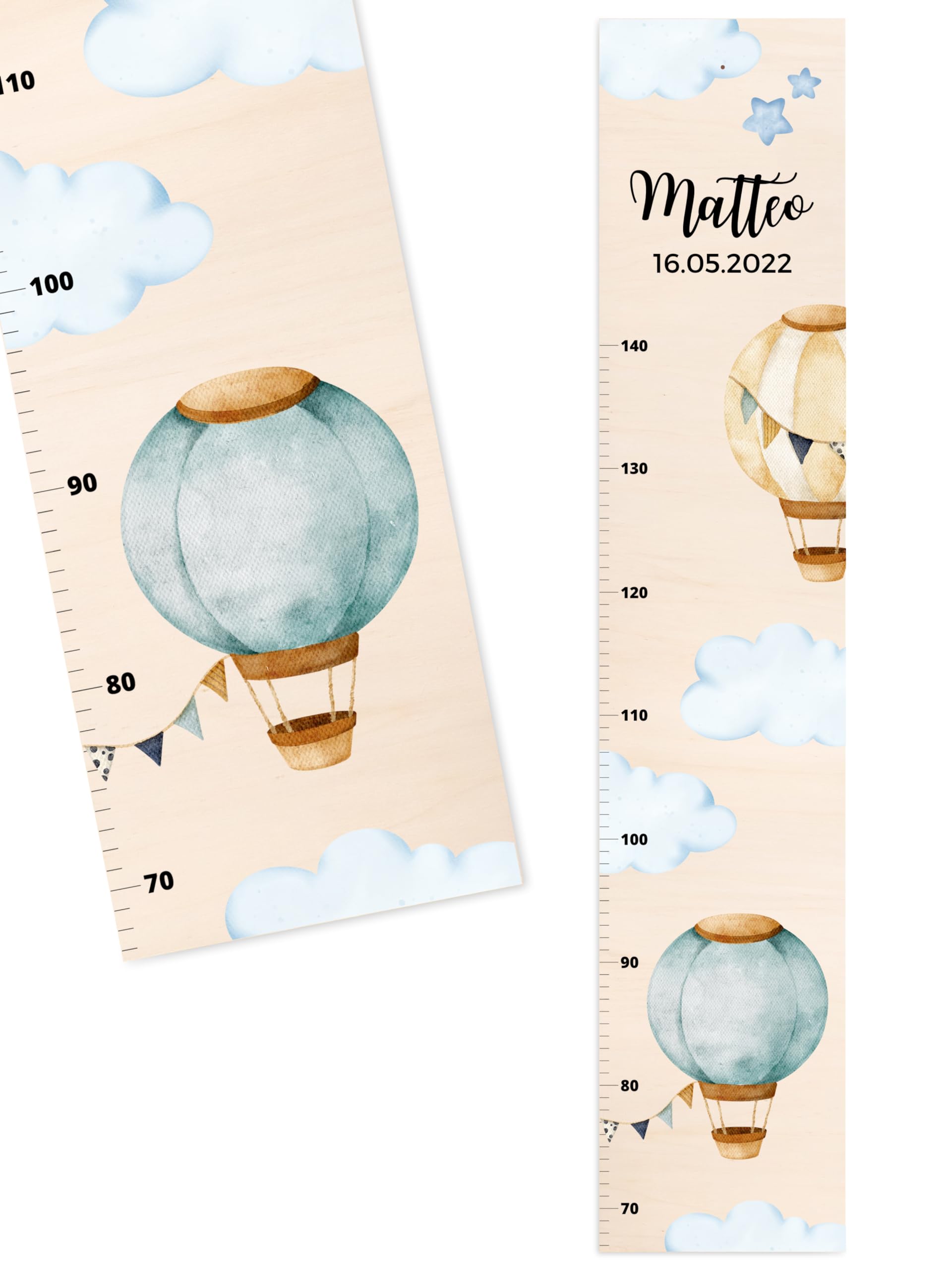 Bärenfreunde® - Personalisierte Messlatte Kind Holz zum Kleben oder Aufhängen - Skala 70-140cm - Süße Dekoration für Baby- & Kleinkinderzimmer (Kinder 70-140cm, blaue Ballons)