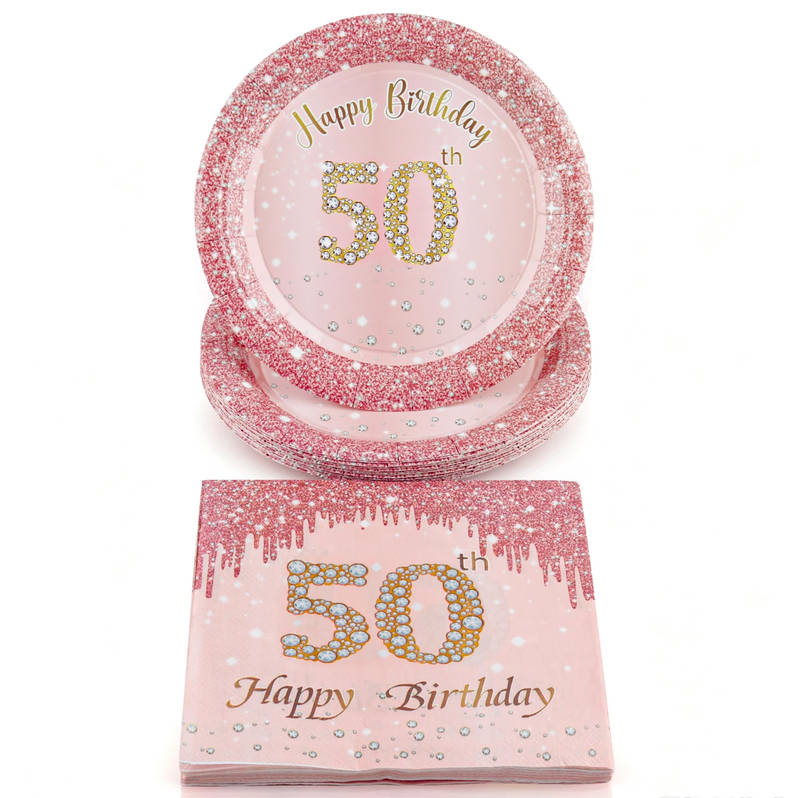 FUNCANDLE 40Pcs 50th Birthday Party Supplies, Rose Gold Diamond Disposable Paper Plates and Napkins Set, Serves 20 Guests, Happy 50th Birthday Table Decorations Girls Women Anniversary Party