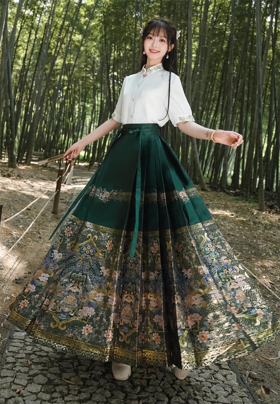 Short-Sleeved Stand-up Collar Shirt Women's Thin high-Waisted Horse mask Skirt Set