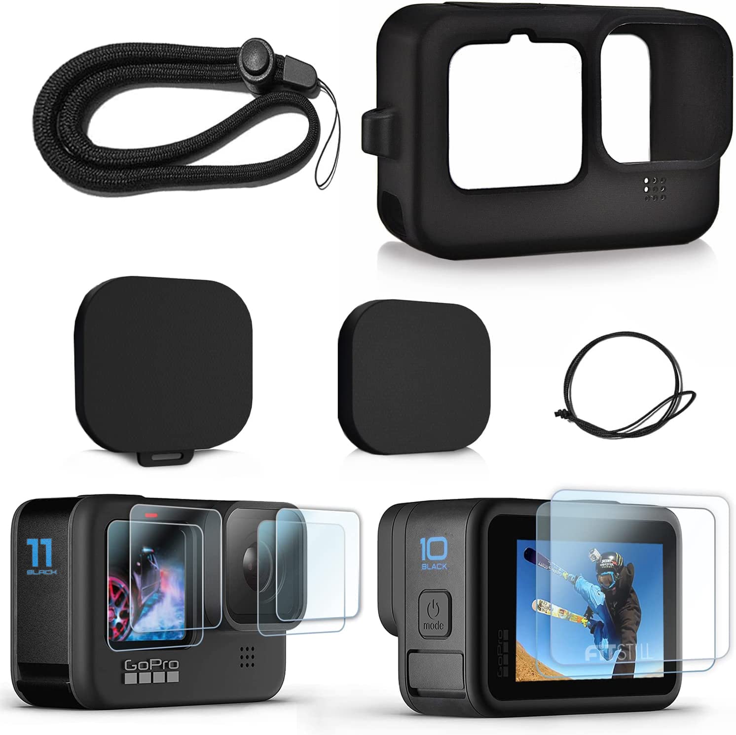 FitStill Silikonowe etui do Go Pro Hero 12/Hero 11/Hero 10/Hero 9, czarne, nakładki na obiektyw, ochraniacze ekranu i smycz do Go Pro Hero 12/11/10/9, czarny zestaw akcesoriów