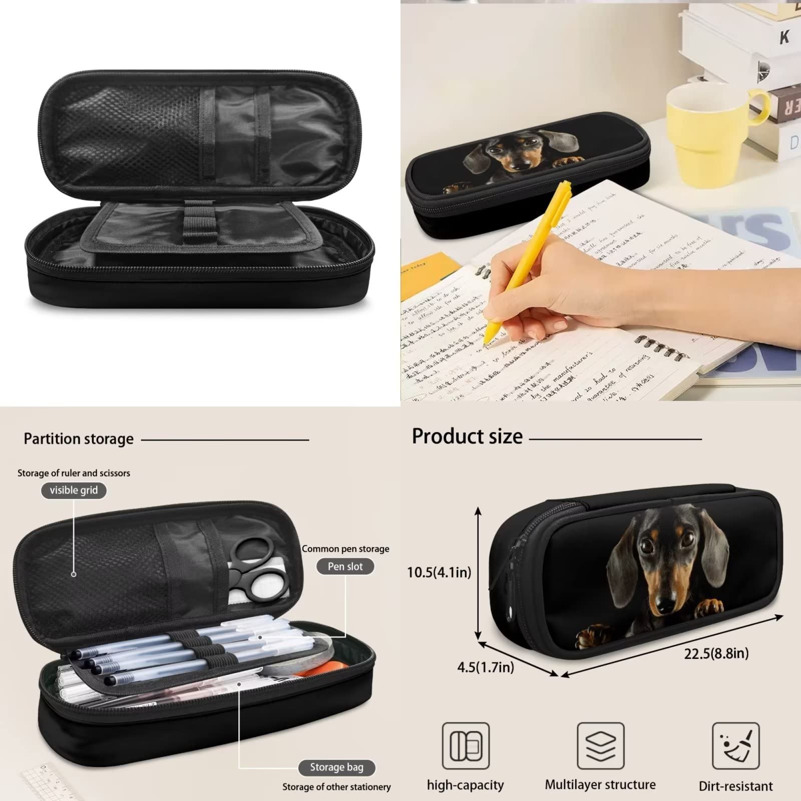Dolyues Juego de bolsas escolares para niñas y niños, bolsa de libros de escuela primaria con bolsa de almuerzo y estuche para lápices, 3 piezas, Perro Dachshund negro., Mochila infantil