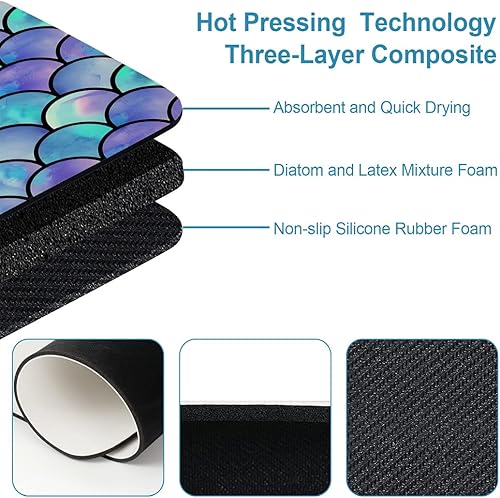 Miniatura 5 de YISUMEI Tapete de baño con escamas de sirena de acuarela, antideslizante, de súper absorción, con parte trasera de goma, se adapta debajo del baño,