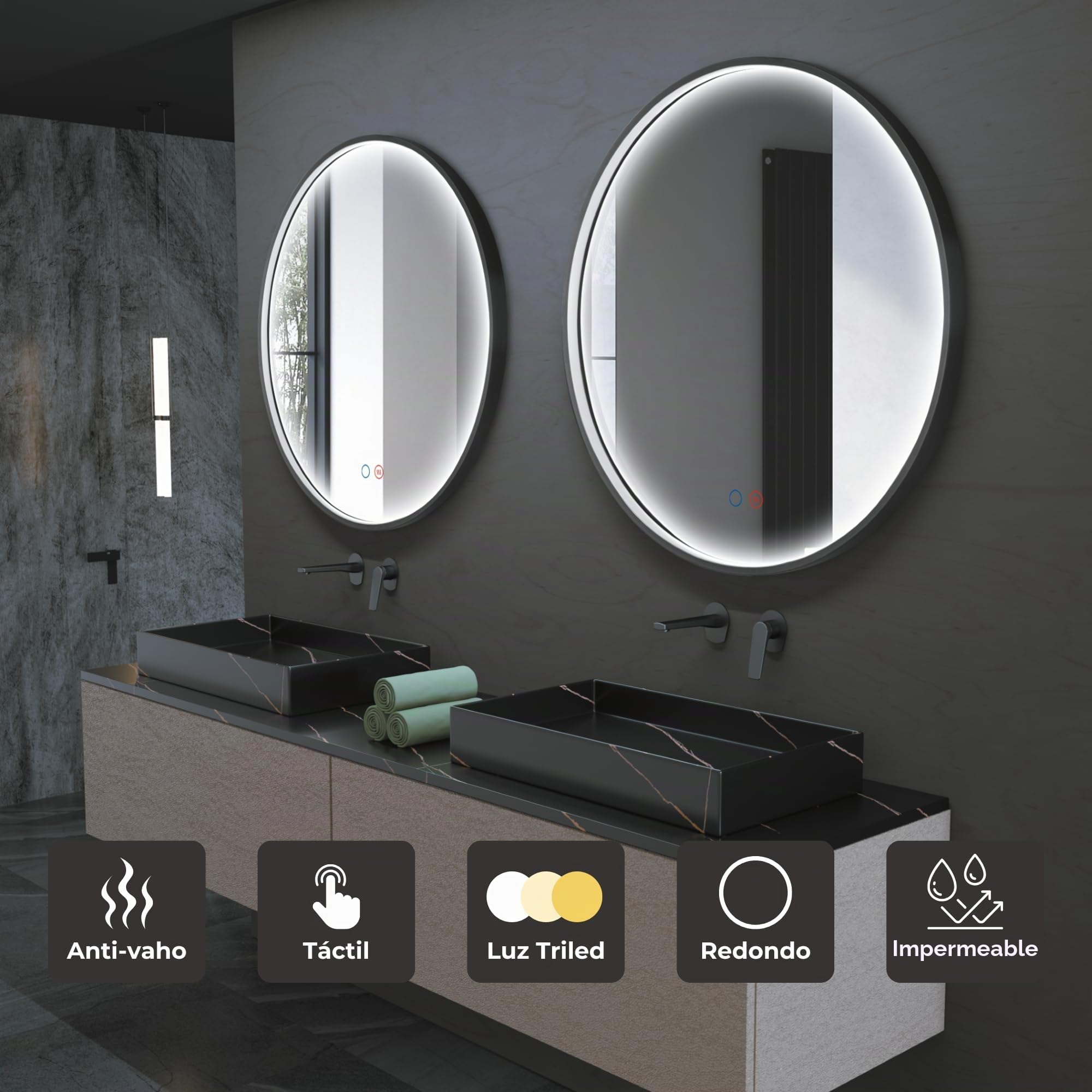 LEDIMEX - Espejo Redondo Baño con Luz LED 100cm, Sensor Antivaho y Marco Negro Mate | Espejo Inteligente Pared con Luz Perimetral Tri-LED (Cálida, Neutra y Fría) y Sensor ON/OFF | Serie Nepal