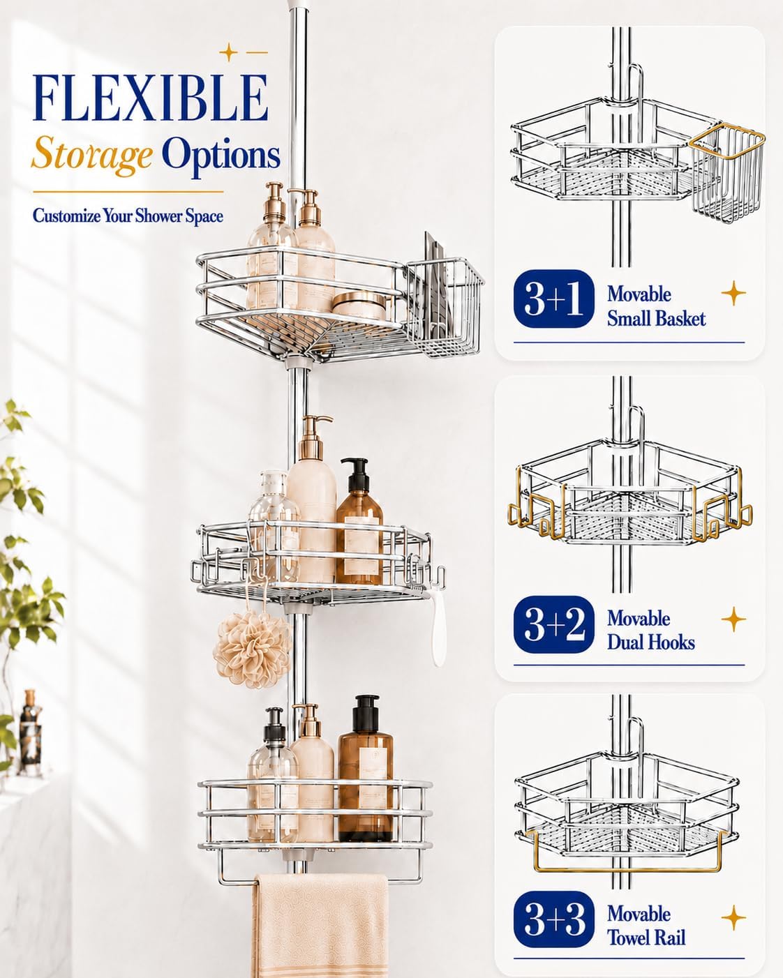 SEIRIONE Corner Shower Caddy Tension Pole, Quick Setup, Rust-Free Bathroom Shower Organizer Corner for Bathtub Shampoo Storage, 4-Tier Adjustable Shelf, Drill Free, Fits 34 to 116 Inch Height, Chrome