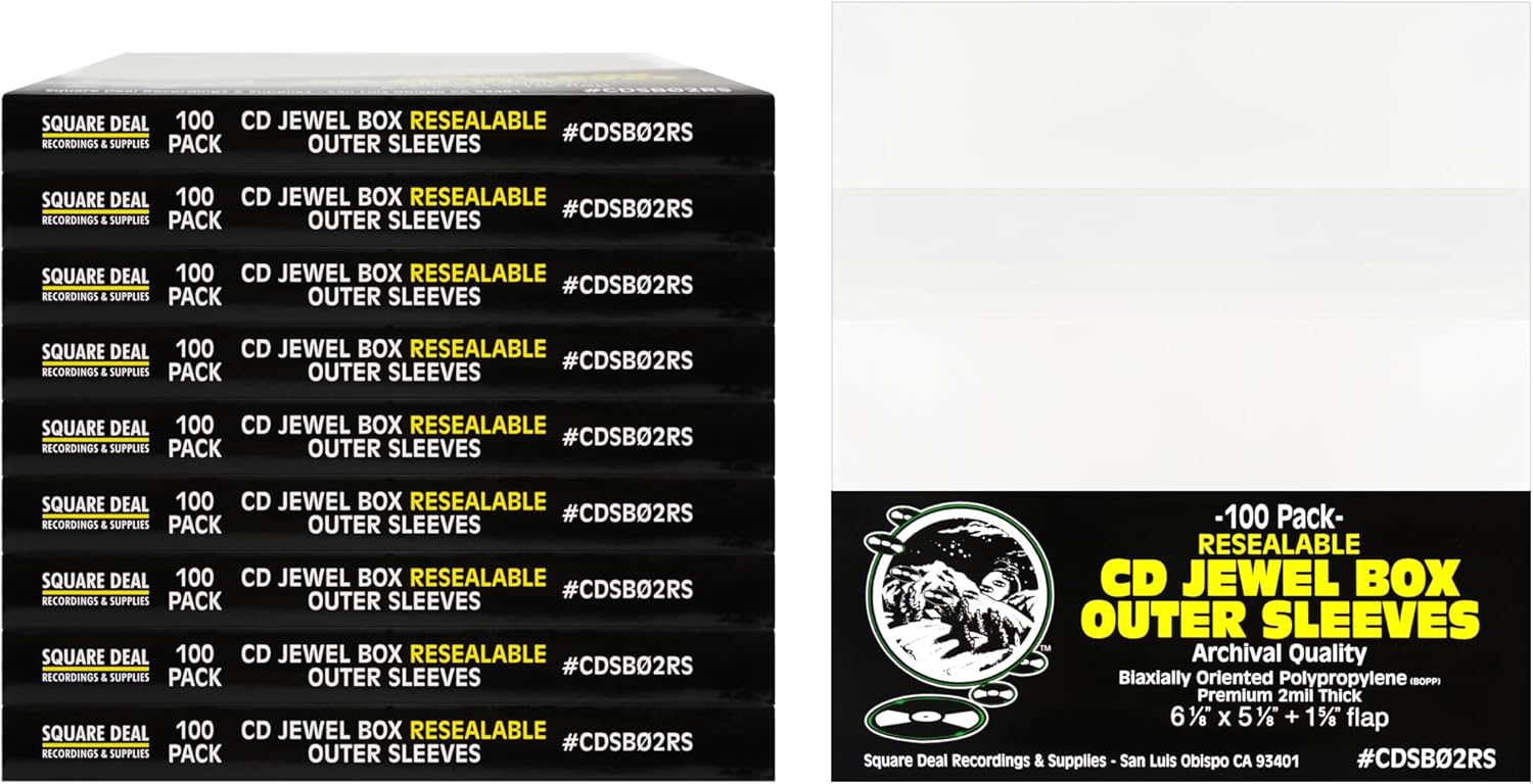 Square Deal Recordings & Supplies - CD Sleeves - RESEALABLE Premium 2mil Thick - Archival Quality, Crystal Clear - Holds 1 Standard 10.4mm CD Jewel Box (1000 Sleeves)