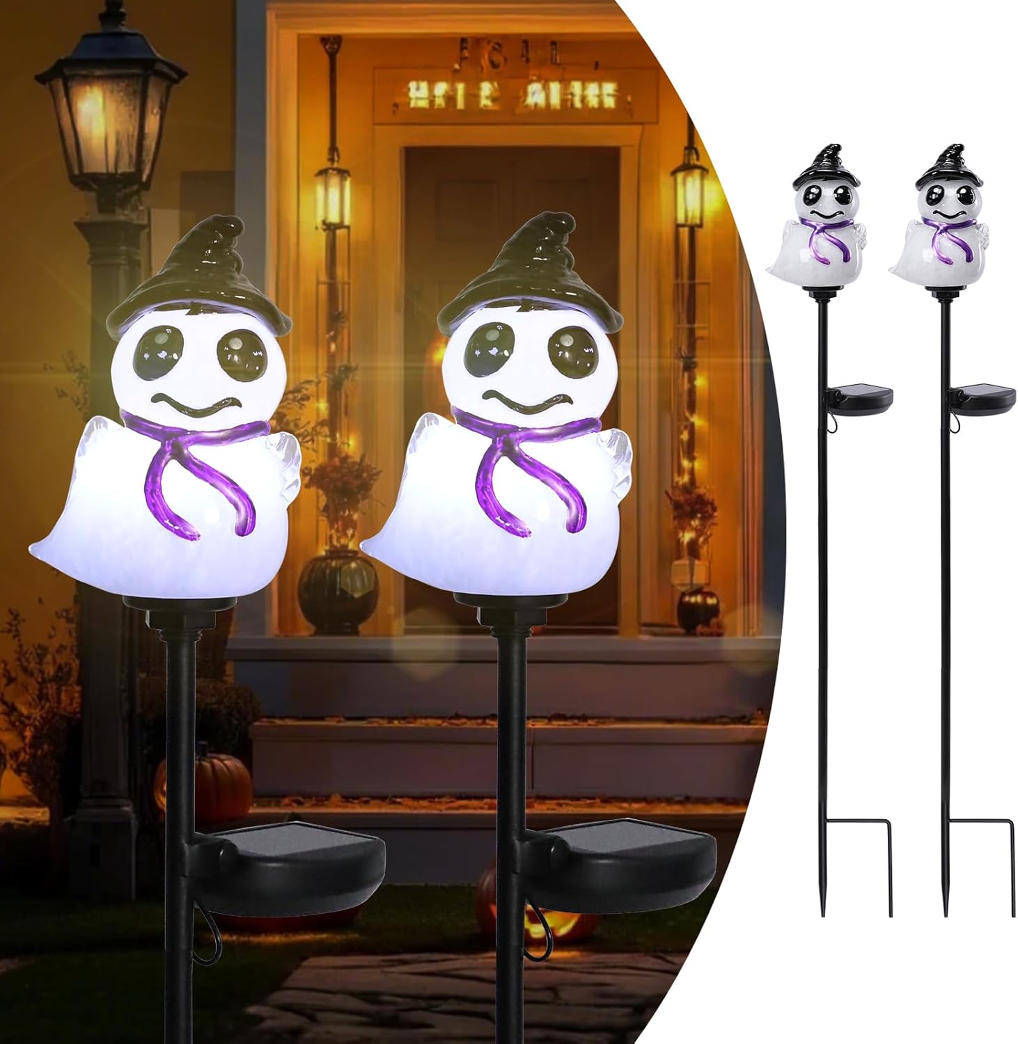 Bshine 2 Pack Halloween Ghost Solar Lights Hand Blown Glass Waterproof Outdoor Halloween Decorations Solar LED Decor