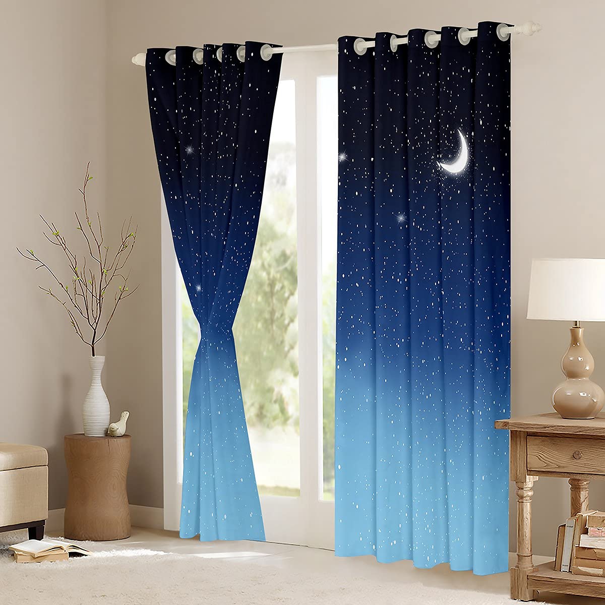 Loussiesd Blaue Galaxie Fenstervorhang 245x140cm Stern Mond Bedrucktes Vorhänge Teenager Kinder Mädchen Jungen Blickdichte Vorhänge Mikrofaser Galaxis Weltraum Thema