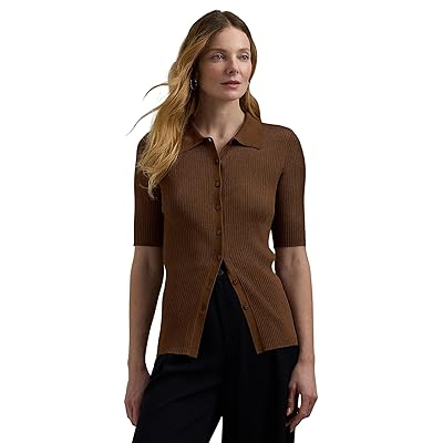 Lauren Ralph Lauren Rib Knit Elbow Sleeve Polo Cardigan Women