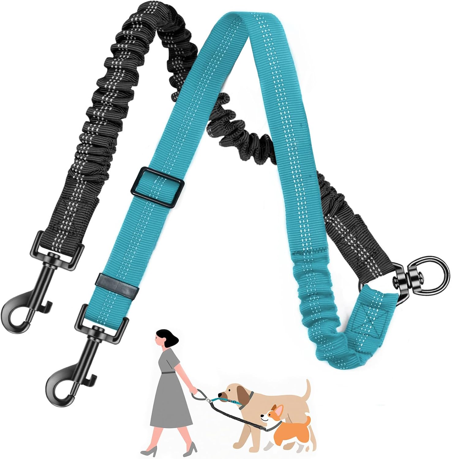 Double Dog Leash for 2 Dogs Tangle-Free，Safety Handle，360° Swivel，Reflective，Adjustable Shock Absorbing Bungee Lead – Black and Blue (for Pets 10-25kg)