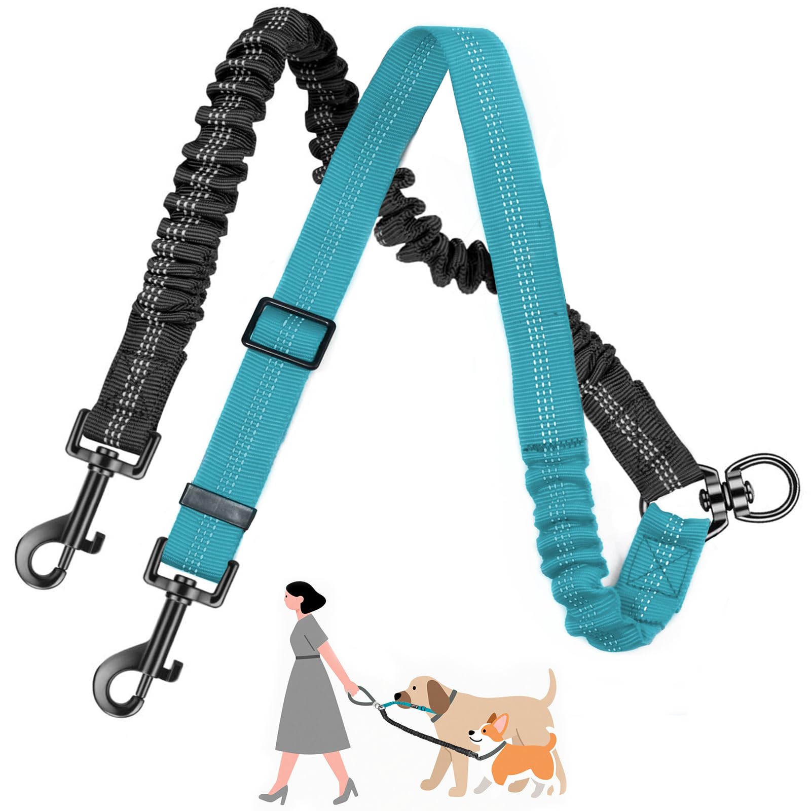 Double Dog Leash for 2 Dogs Tangle-Free,Safety Handle,360° Swivel,Reflective,Adjustable Shock Absorbing Bungee Lead
