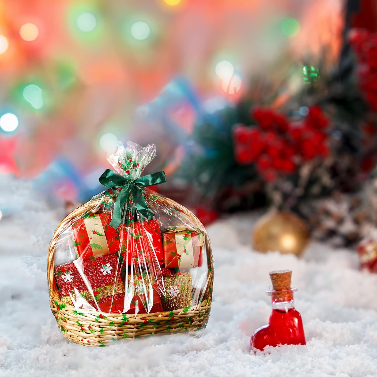 UltraOutlet 50 Paquetes De Bolsas Grandes De Celofán De 18 X 24 Pulgadas, Bolsas De Celofán Transparente Para Cesta De Frutas, Envoltura De Regalo, Golosinas, Artes Y Manualidades, 50 Lazos De Cinta