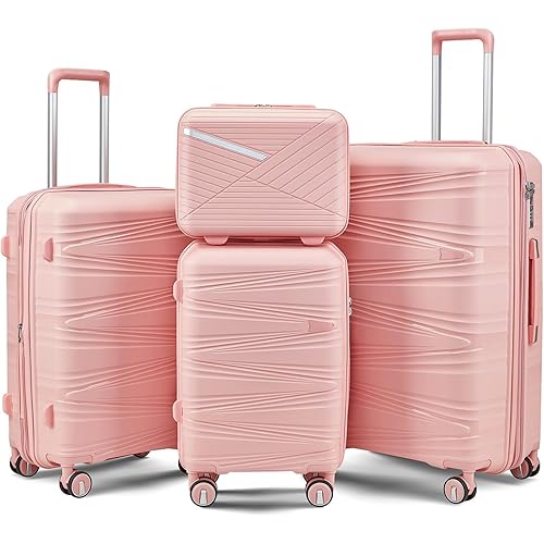TRAVELEO 4 Piece Luggage Set PP Hardshell, Expandable Suitcase Set (20/24/28) with 14" Cosmetic Case, Lightweight Spinner Wheels with TSA Lock, Detachable Wheels for Nesting Storage (Pink)