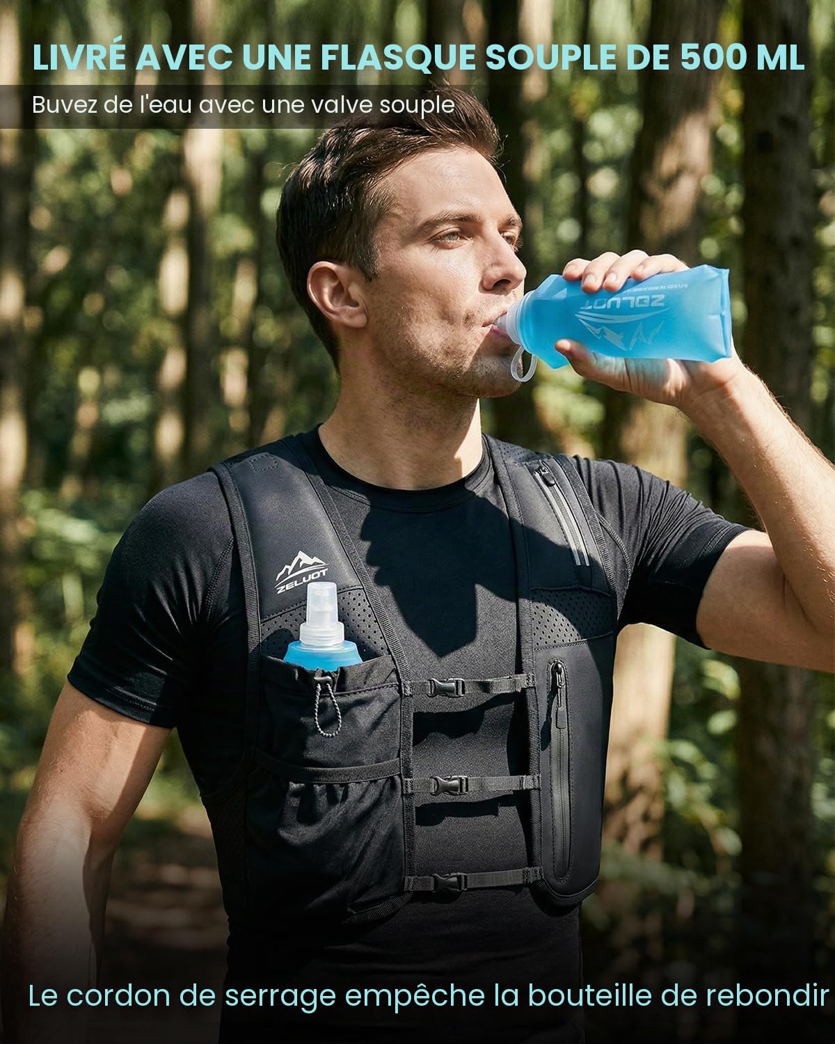 Zelvot Gilet d’Hydratation Unisexe, Gourde Souple 500ml, Poche Smartphone | 6 poches, 3 sangles réglables, 213 g, néoprène respirant, détails réfléchissants, confort léger pour trail, vélo et marathon