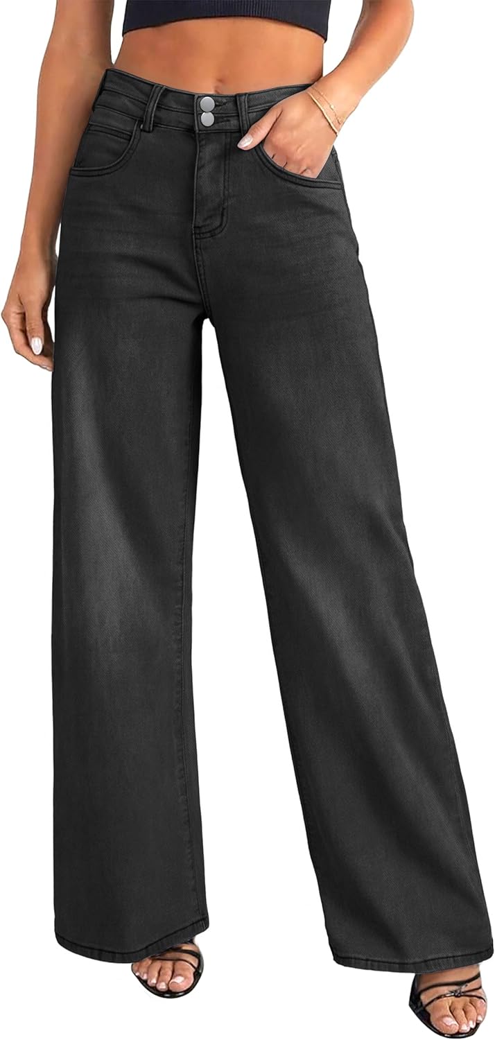 Women's Wide Leg Jeans Baggy High Waist Boyfriends Strechy Raw Hem Denim Pants