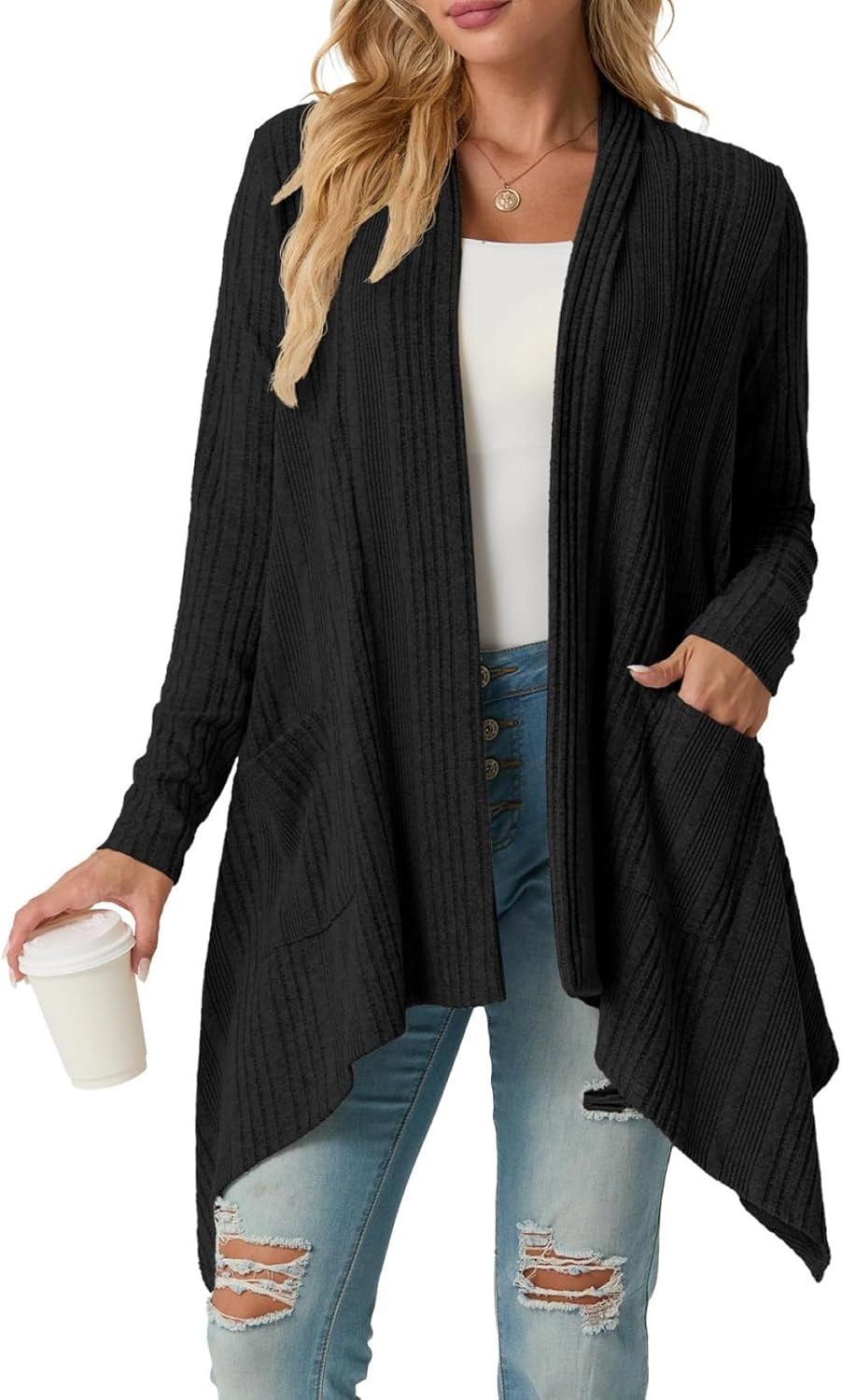 GRECERELLE Women's Long Sleeve Lightweight Draped Open Front Casual Cardigan Sweater with Pockets (S-2XL)