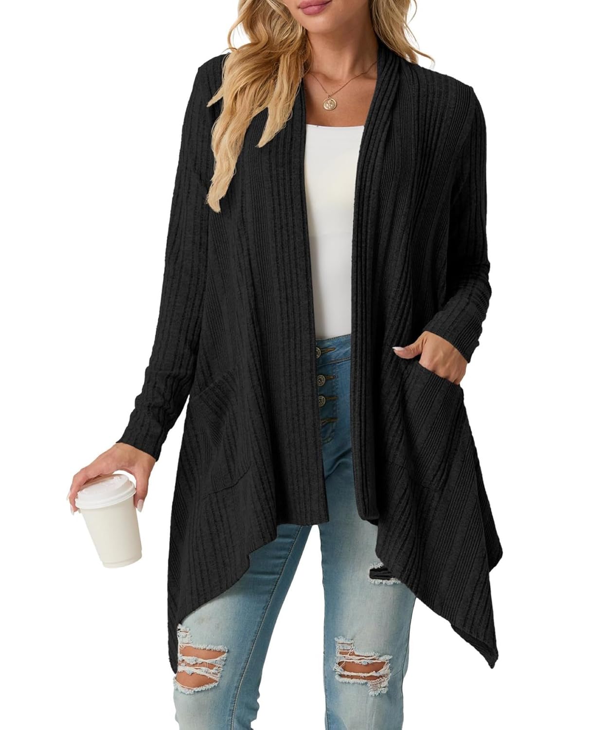 GRECERELLE Womens Long Sleeve Lightweight Draped Open Front Casual Cardigan Sweater with Pockets S-2XL