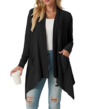 GRECERELLE Womens Long Sleeve Lightweight Draped Open Front Casual Cardigan Sweater with Pockets S-2XL