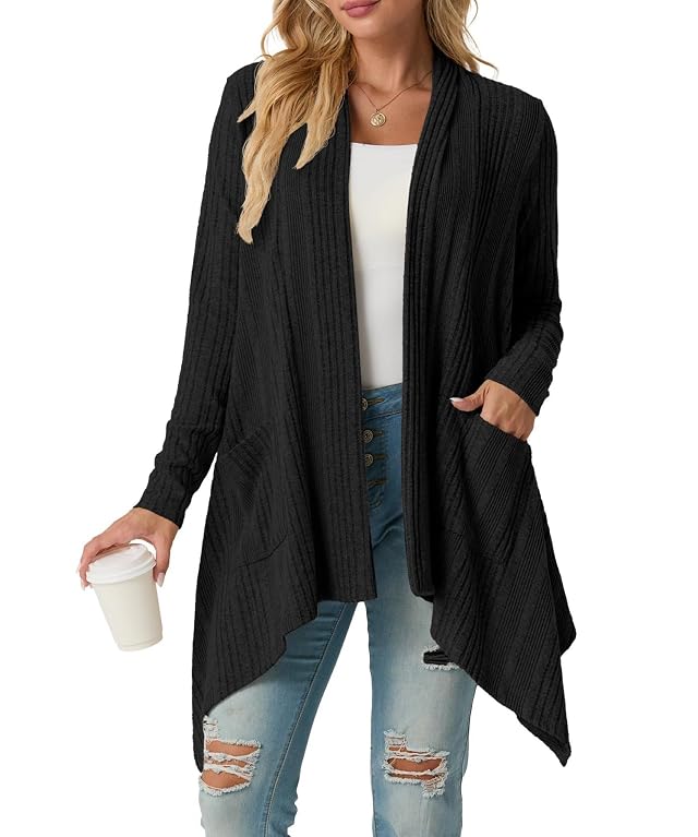 GRECERELLE Womens Long Sleeve Lightweight Draped Open Front Casual Cardigan Sweater with Pockets S-2XL