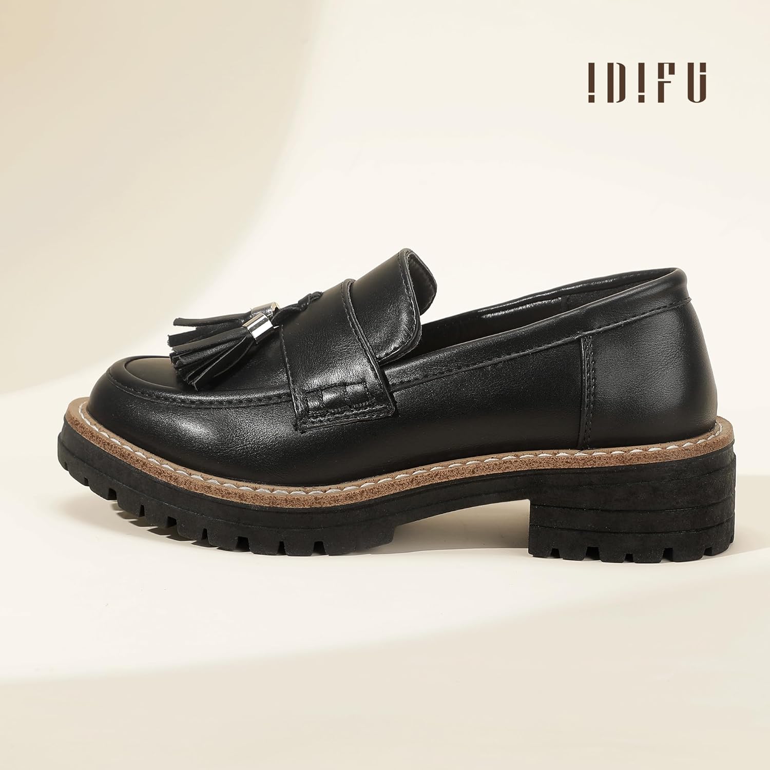 IDIFU IN2 Platform Loafers for Women Lug Sole Slip on Shoes Chunky Penny Low Heeled Loafers for Women Fall Work Business Office Party Casual Comfortable Fashion Closed Toe Dress Shoes with Tassel - Image 5