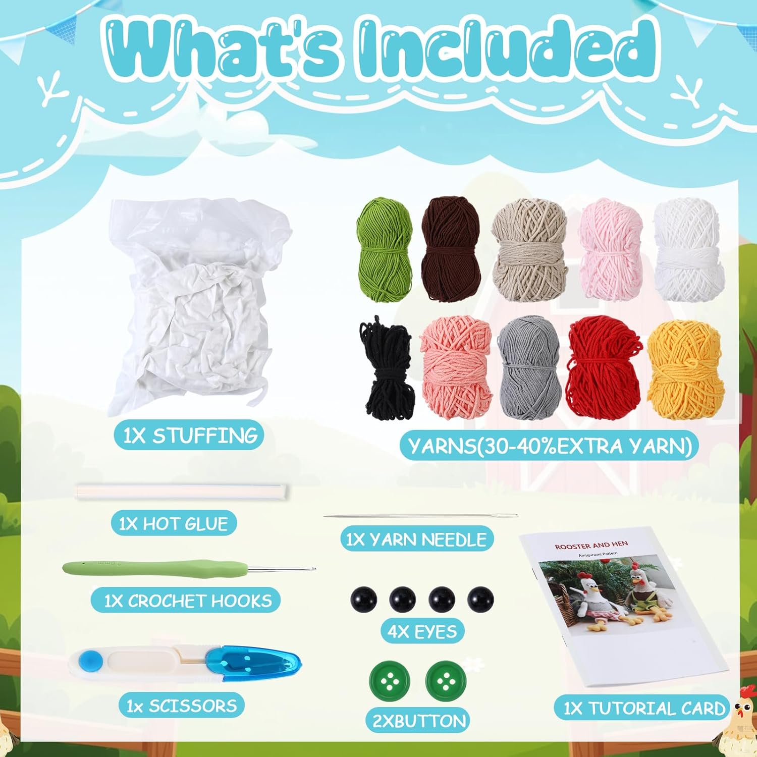 Vicenpal Beginner Crochet Kit with 40% Extra Yarn, 8.2 Inch Easter Animal Rooster and Hen Amigurumi DIY Set, Easter & Birthday Gifts for Adults Men Women, Complete Craft Set with Yarn