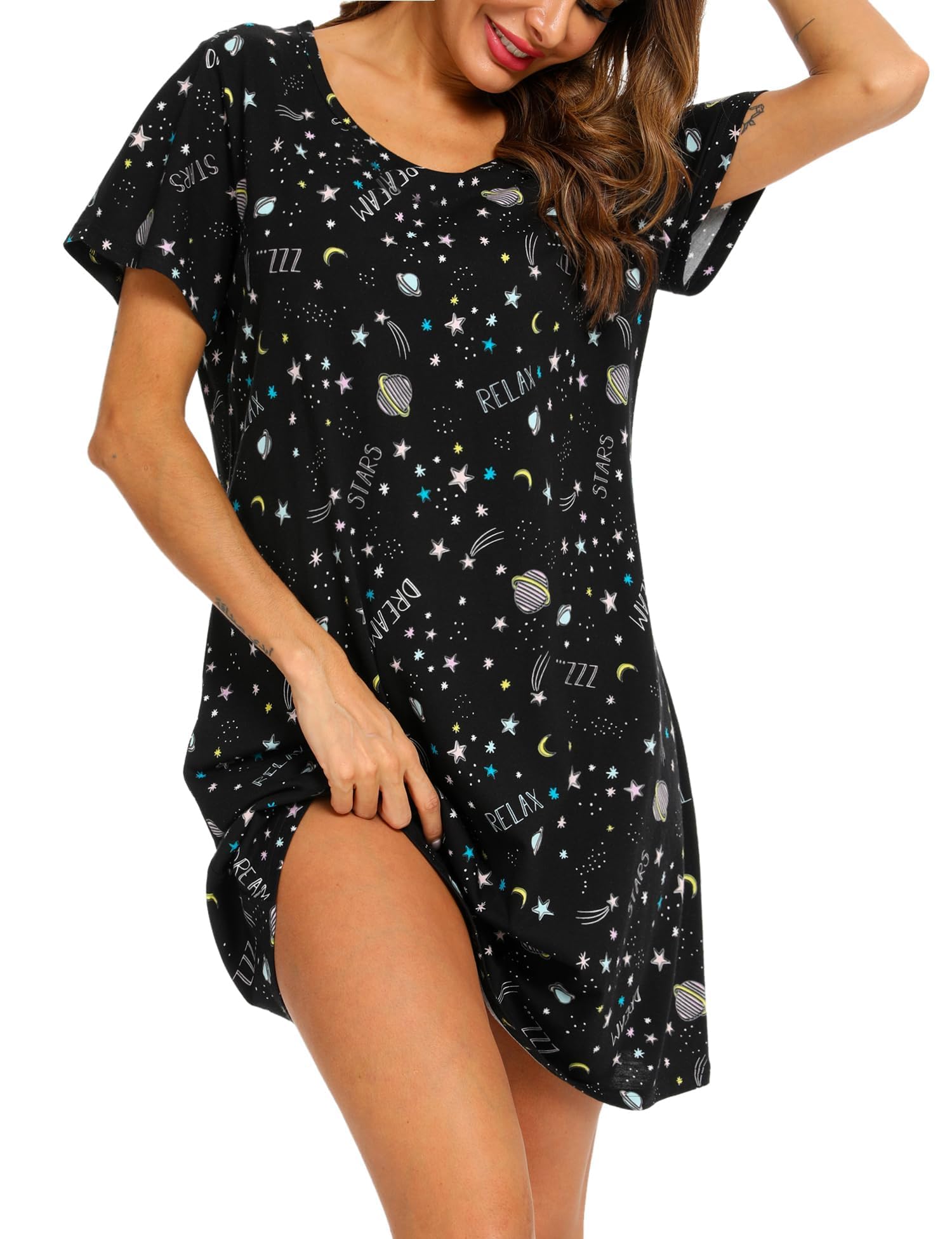 enjoynight Womens Cotton Sleepwear Short Sleeves Print Sleepshirt Sleep Tee(Starry Sky, 3X-Large)-picture-51
