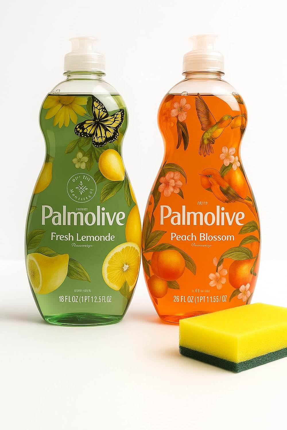 Palmolive Ultra Dish Soap Bundle - Limited Edition Scents: Fresh Lemonade & Peach Blossom 20 oz (2-Pack) + Bonus Sponge