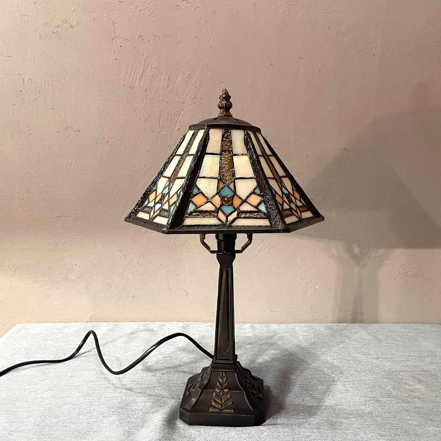 Bieye L10791 Mission Style Table Lamp Tiffany Stained Glass Night Light with Hexagonal Cone Lampshade, 10" W x 16" H