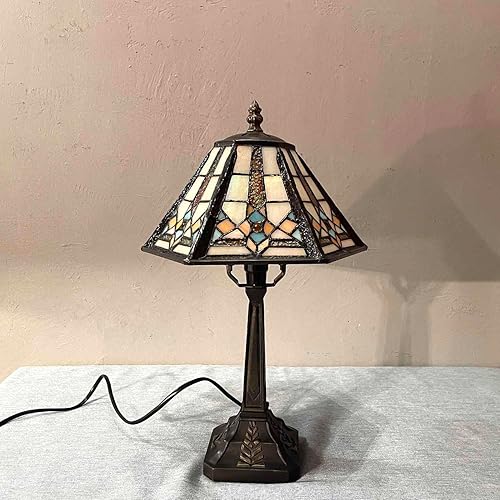 Miniatura 4 de Bieye L10791 - Lámpara de mesa estilo misión con luz nocturna de vidrio manchado Tiffany y pantalla cónica hexagonal, 10 pulgadas de ancho x 16