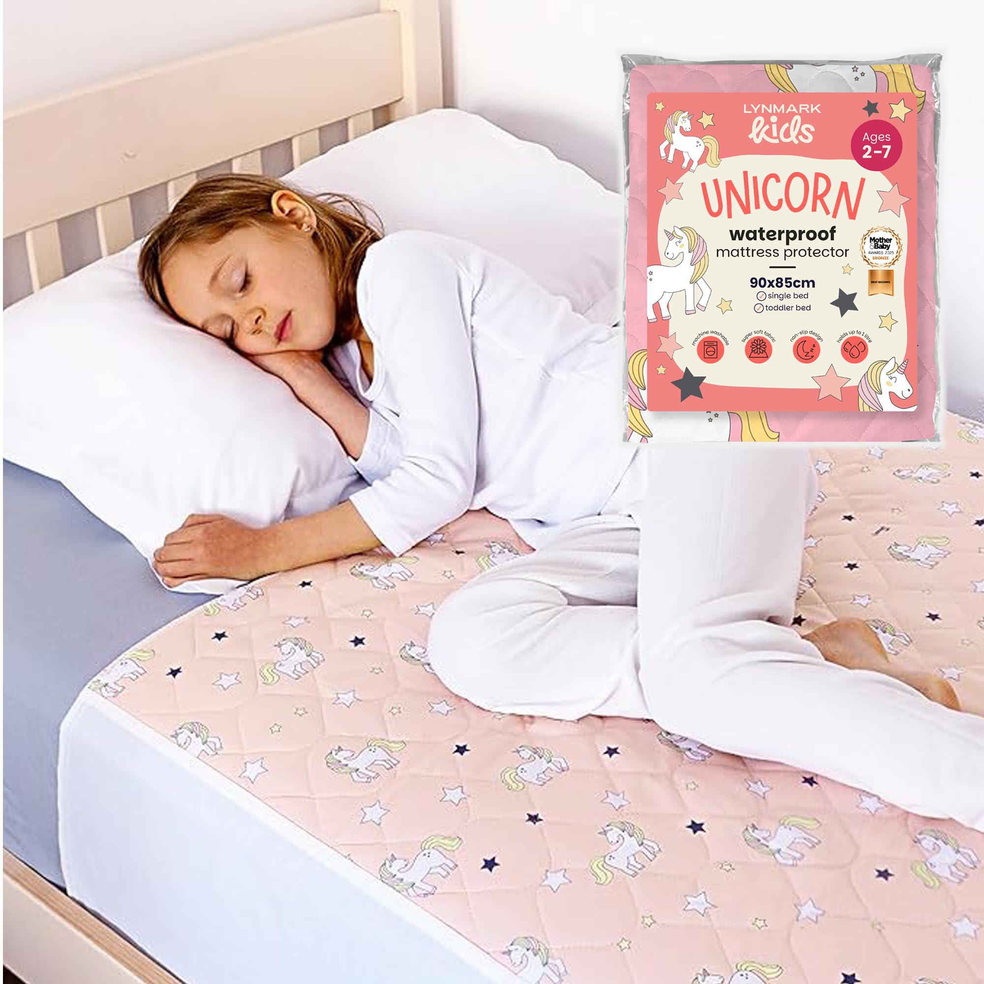 Lynmark Unicorn Toddler Potty Training Bed Pads With Tucks - Soft Waterproof Bedwetting Pee Protector Mat For Kids - Multi-Layer Non-Slip Washable Incontinence Mattress Sheet Absorbs Up To - 90 X 85Cm, 2000Ml