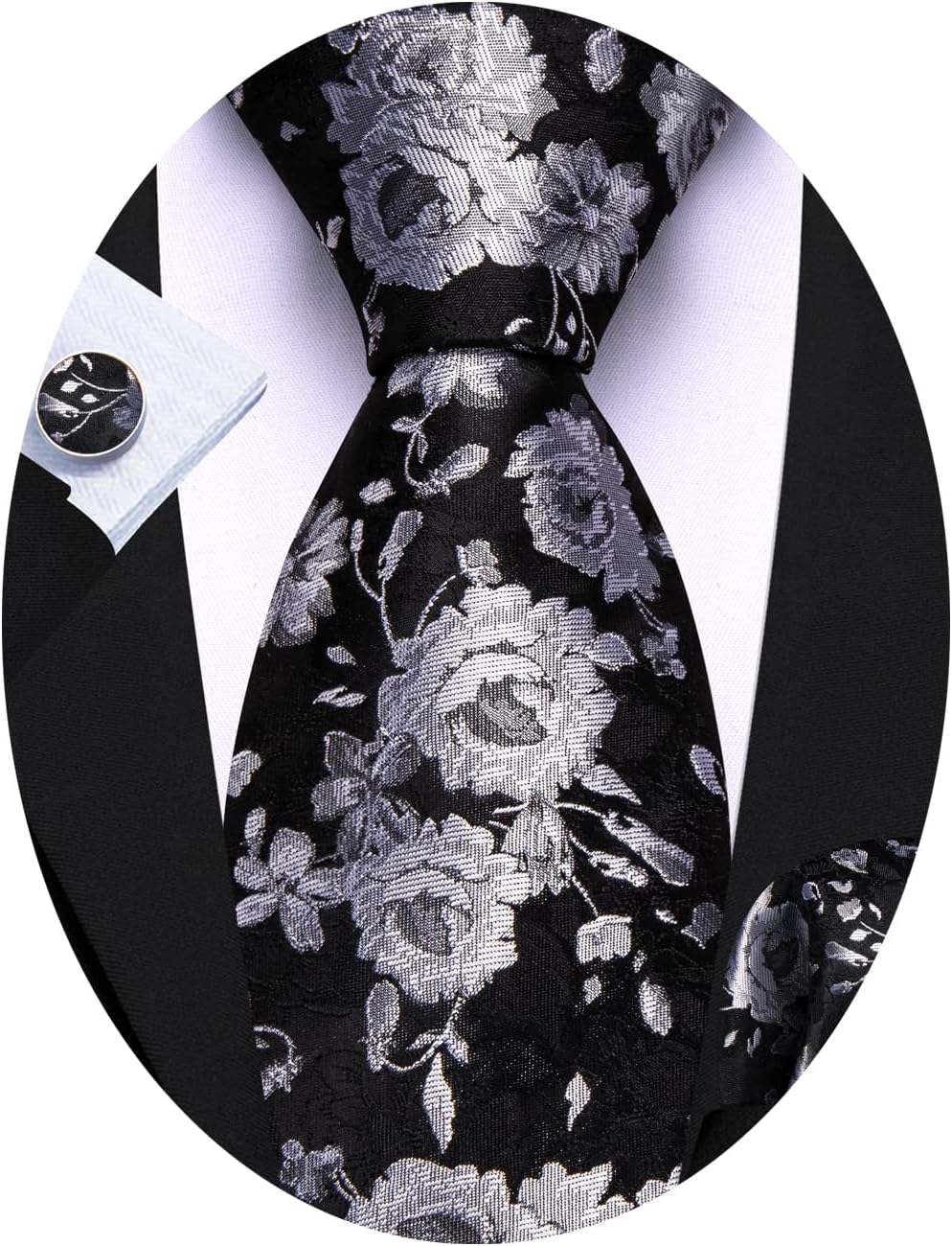 Barry.Wang Flower Ties for Men Handkerchief Cufflinks Set Wedding Necktie Set Party