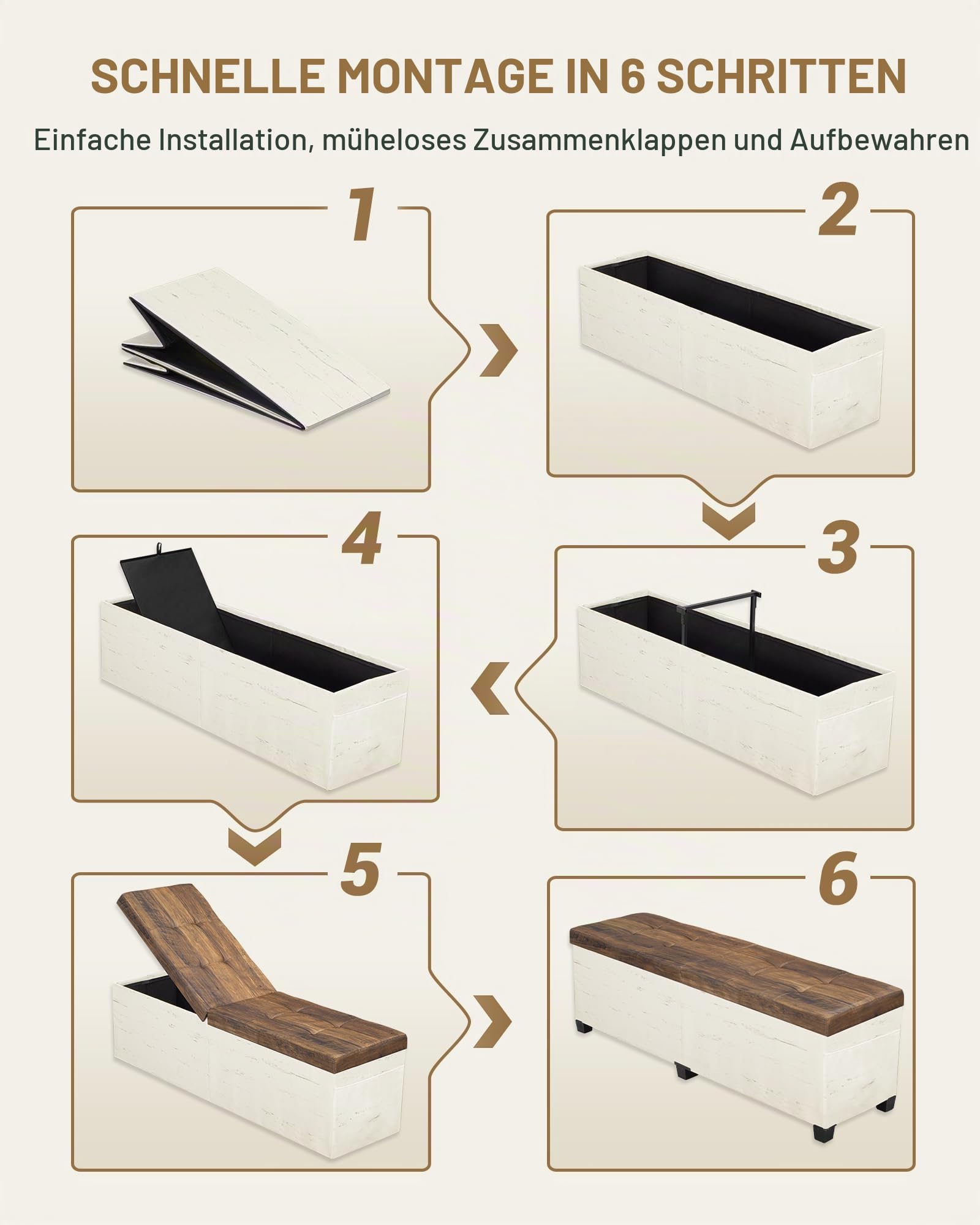 Hzuaneri Truhenbank mit Stauraum, Faltbar, Weiß Braun, 40x140x44cm | Aufbewahrungsschrank, Leinenbezug, Tragkraft 150 kg, Für Wohnzimmer, Schlafzimmer, Flur, SB31499YW