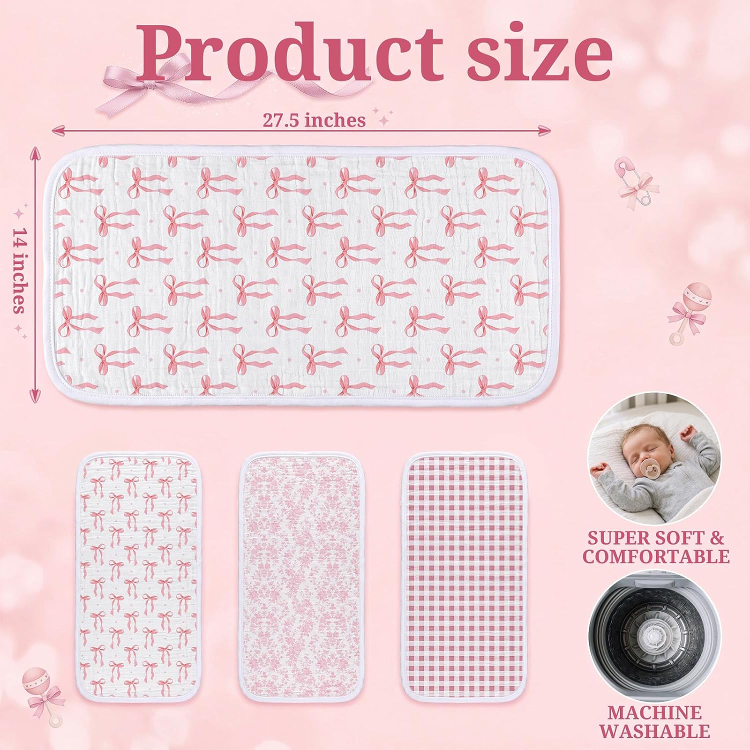 Gilprop 3 Pieces Changing Pad Liner Waterproof Diaper Mat 27.56 x 13.98 Inch Washable Pads for Baby Cotton Pink White Gift for New Parents for Nursery Travel Home