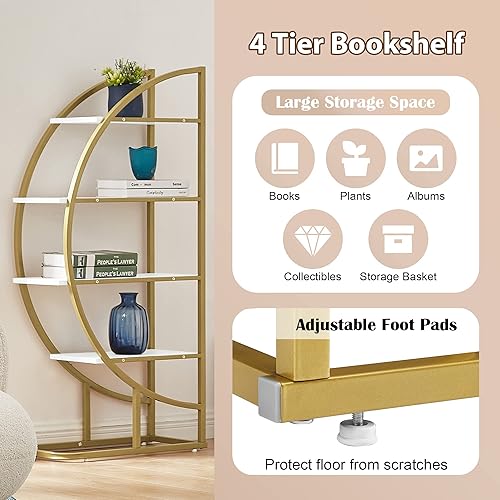 Miniatura 4 de Estantería en forma de L de 4 niveles, estantería circular redonda, estante moderno de media luna, marco de metal dorado, almohadillas ajustables
