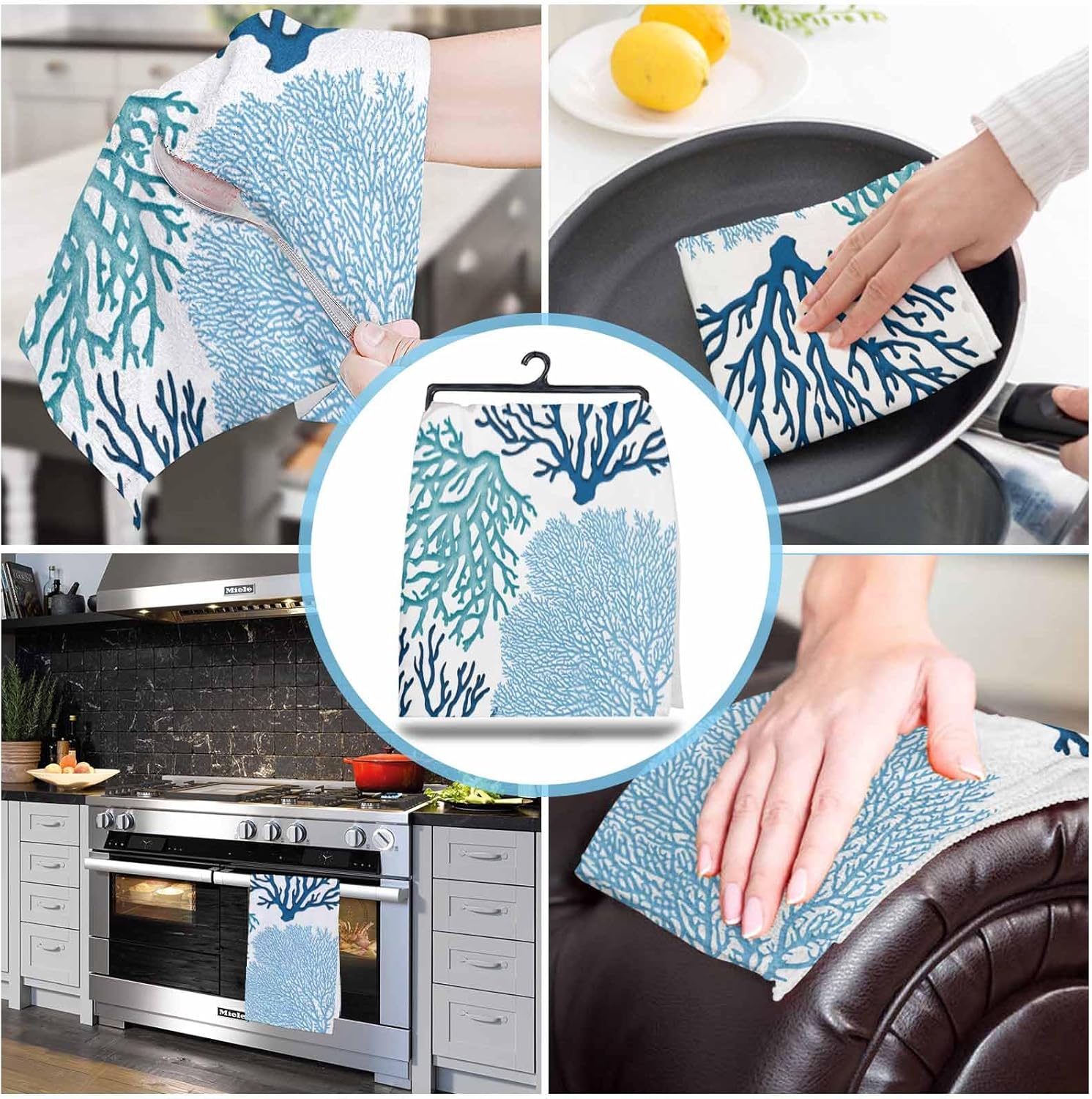 Kitchen Towels Set of 4 Nautical Coastal Ocean Coral Dish Towels and Dishcloths Sets Summer Decorative Tea Towel Beach Themed Blue Absorbent Hand Towels for Kitchen Bathroom Cleaning Drying Home Decor