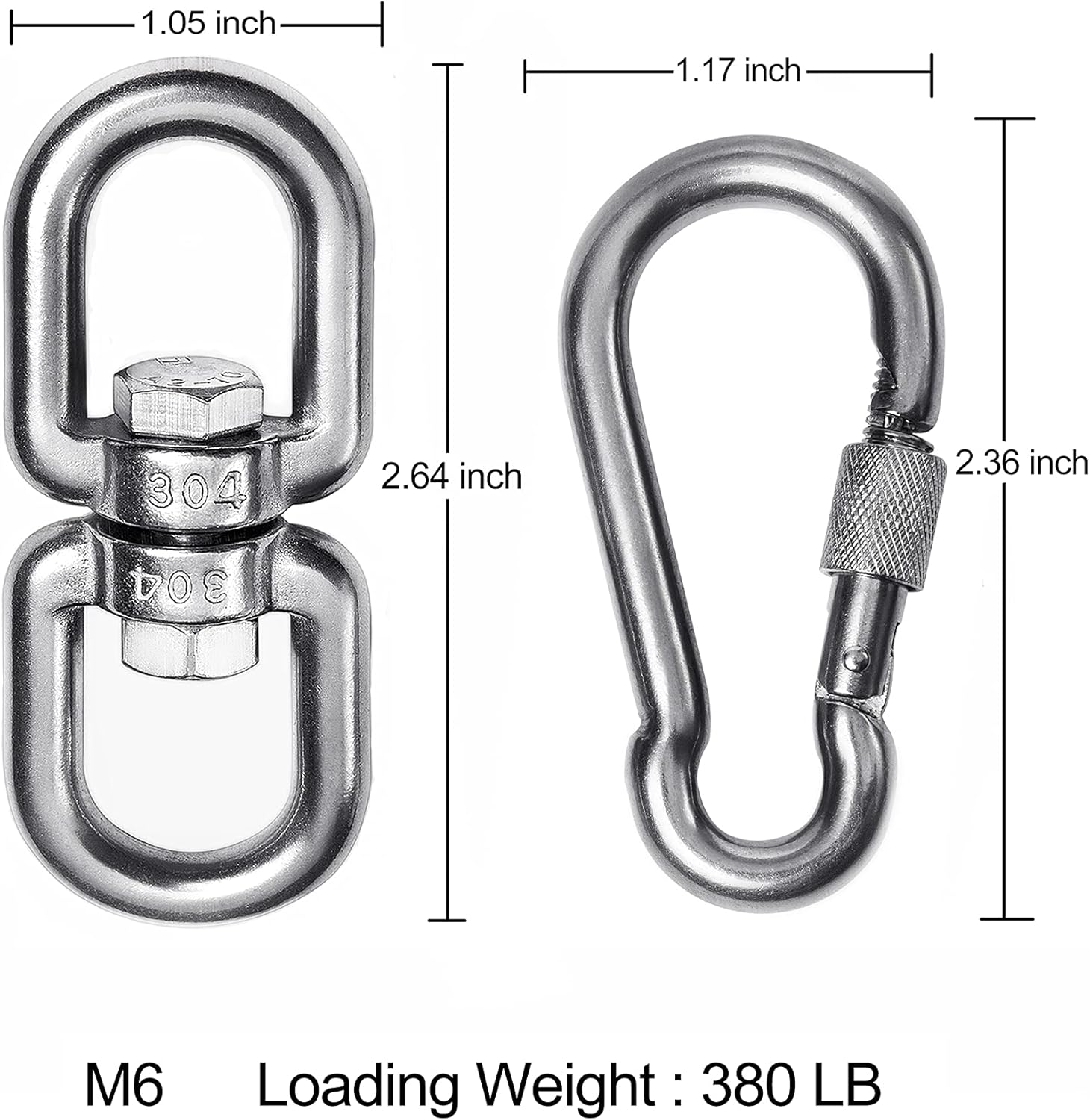 2+1 Heavy Duty 304 Stainless Steel Swivel Ring Double Ended Swivel Eye Hook with SUS304 Snap Hooks for Web Tree Swing, Swing Spinner Hanger, Reliable and Safe (M6) - Image 4