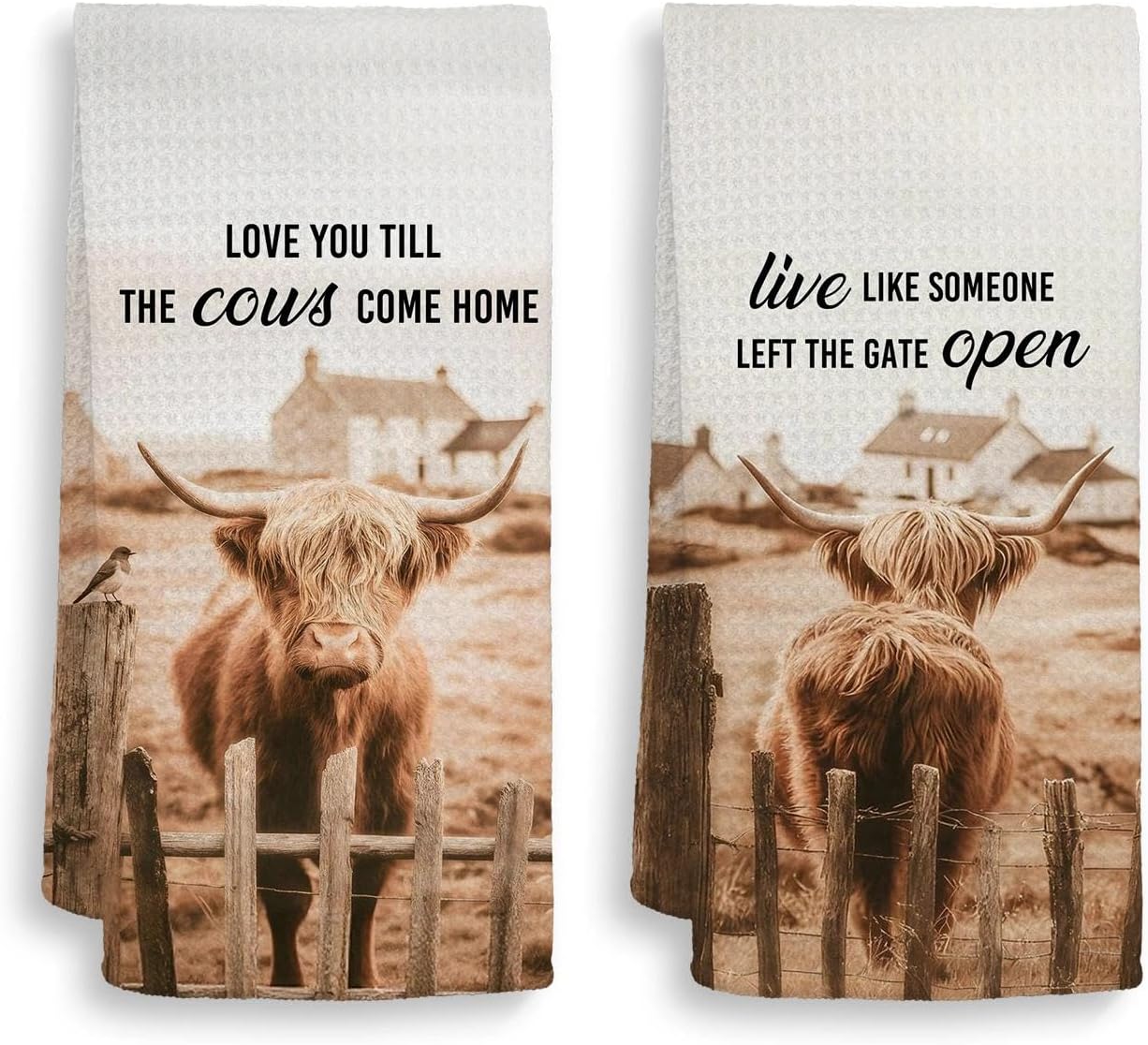 HIWX Vintage Highland Cow Kitchen Towels, Western Cow Decorative Kitchen Dish Towels, Love You Till The Cows Come Home Hand Towel for Bathroom Decor, Western Bathroom Decor 16x24 Inches Set of 2