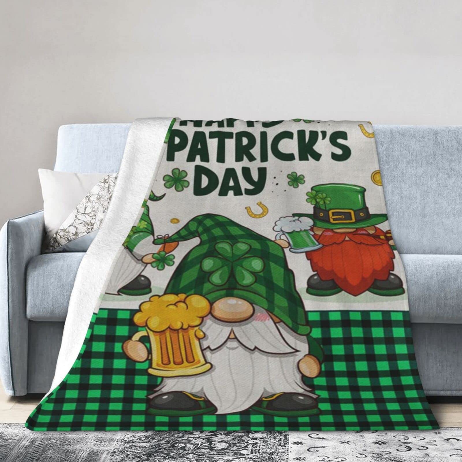 Lsjuee Flannel Fleece Blanket 50"X40" Happy St. Patrick‘s Day Gnome Sofa Throw Blanket Lightweight Ultra-Soft Travel Spring Blankets for Couple Keep Warm