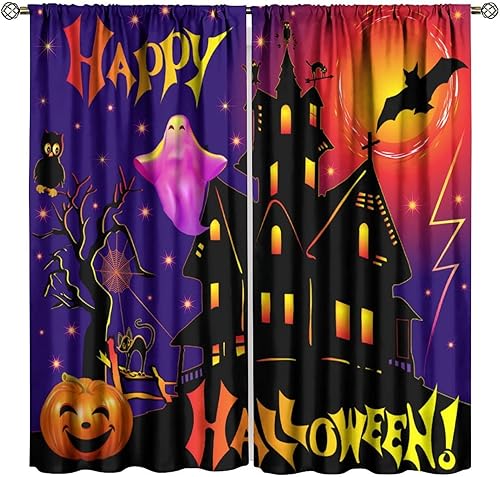 Miniatura 19 de Cortina de Halloween con diseño de araña, calabaza, telaraña, decoración gótica, para decoración de ventana de sala de estar, dormitorio, 42 Estilo