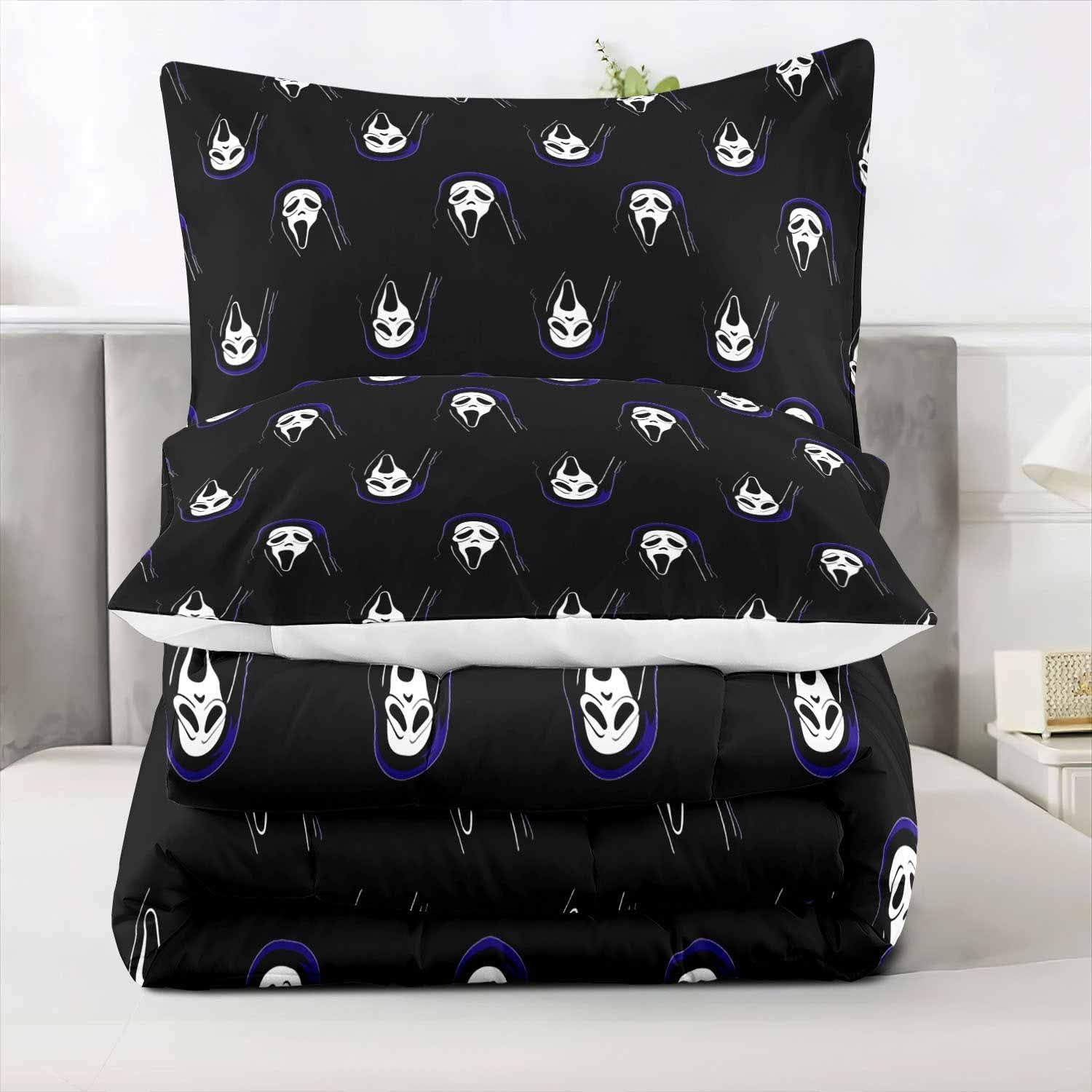 2 Pieces Horror Scream Ghost Black Comforter Set Twin Size, Halloween Bedding Set, Kids Teen Boys Bedding, Gothic Scary Spooky Mask Skull Face Bedroom Decor, Horror Movie Quilt, 1 Pillowcase