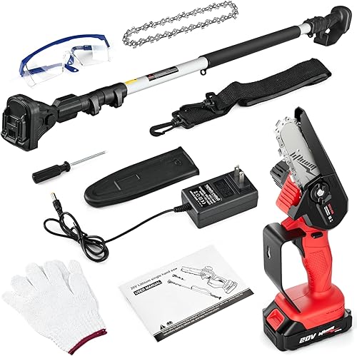 Miniatura 8 de Sierra de poste inalámbrica 2 en 1, mini motosierra con poste, sierras de poste alimentadas por batería de 20 V 2.0 Ah para recortar árboles, sierra