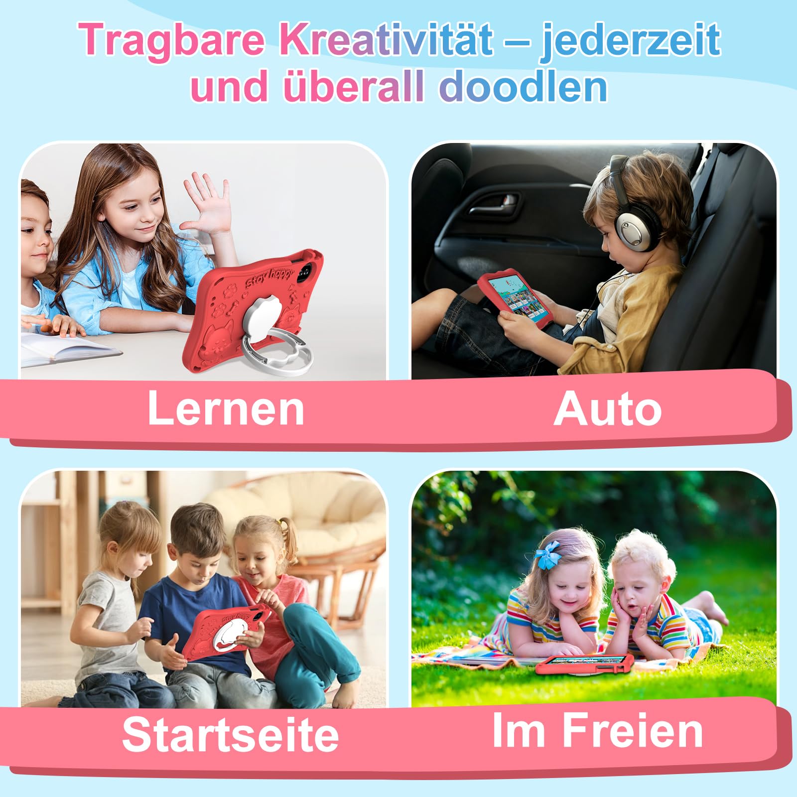 2026 Tablet Android 15 Octa Core Tablets 9 Zoll mit 32GB ROM+TF 2TB 5G WiFi Widevine L1, GPS, Face ID 8 MP + 5 MP 5000mAh,1340 * 800,BT 5.0, Kids Tablet mit Eva Case - Rot