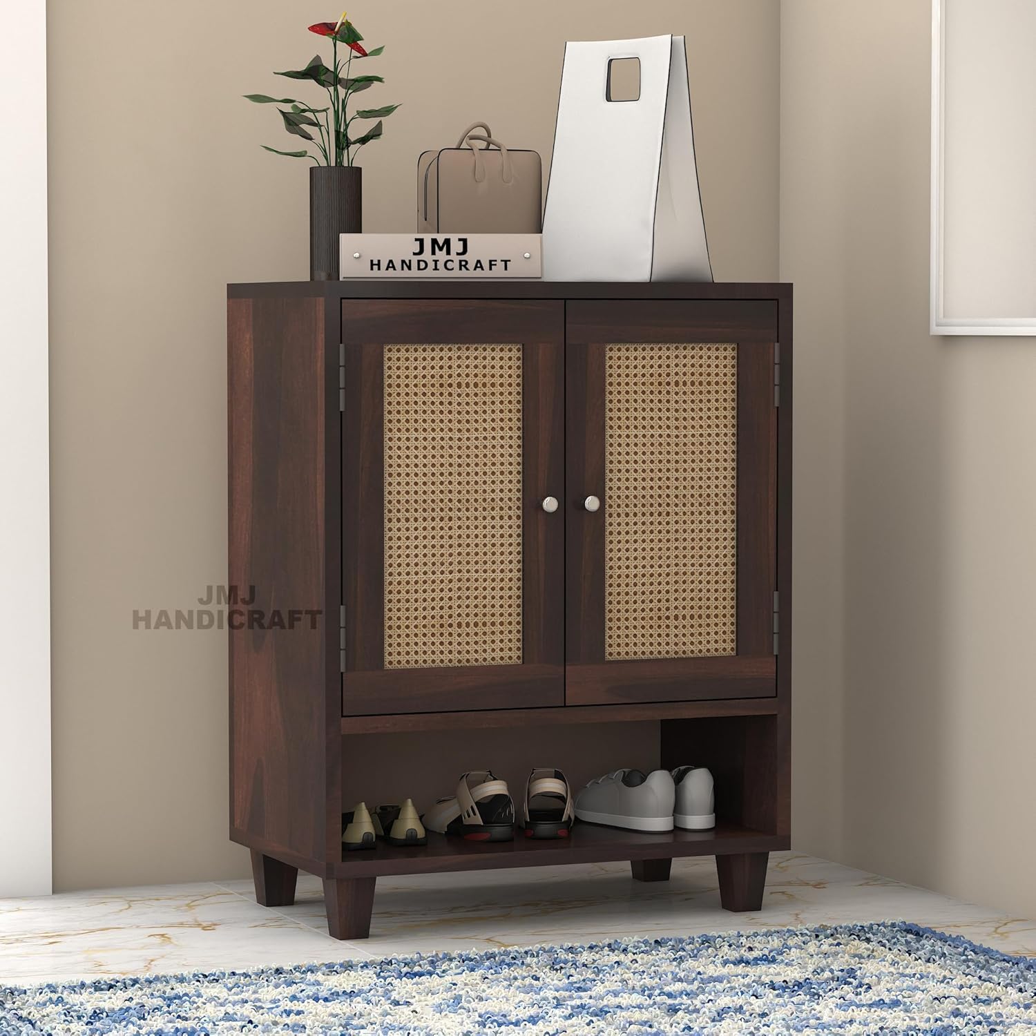 JAMWAY FURNITURE Solid Sheesham Wood Shoe Rack with 2 Door & 4 Shelves - Shoe Cabinet Wooden Shoe Stand for Home | Wooden Storage Cabinet For Shoe Storage Organizer (Cruise Walnut)-image-49