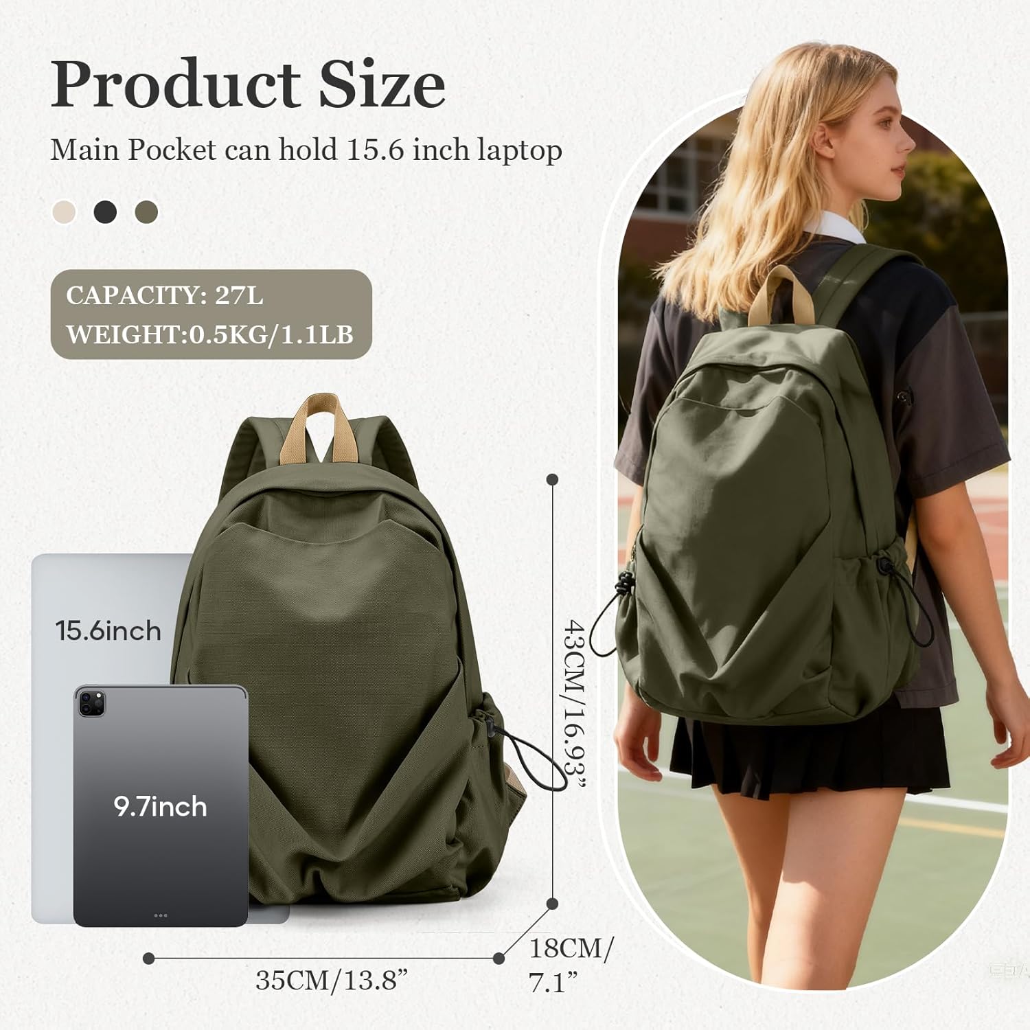 weradar Basic School Backpack For Women Men,Lightweight Casual Daypack College Backpack,Aesthetic Middle School Bag,Bookbag For Teen Girls Boys,Small Canvas Travel Backpack(Green) - Image 2