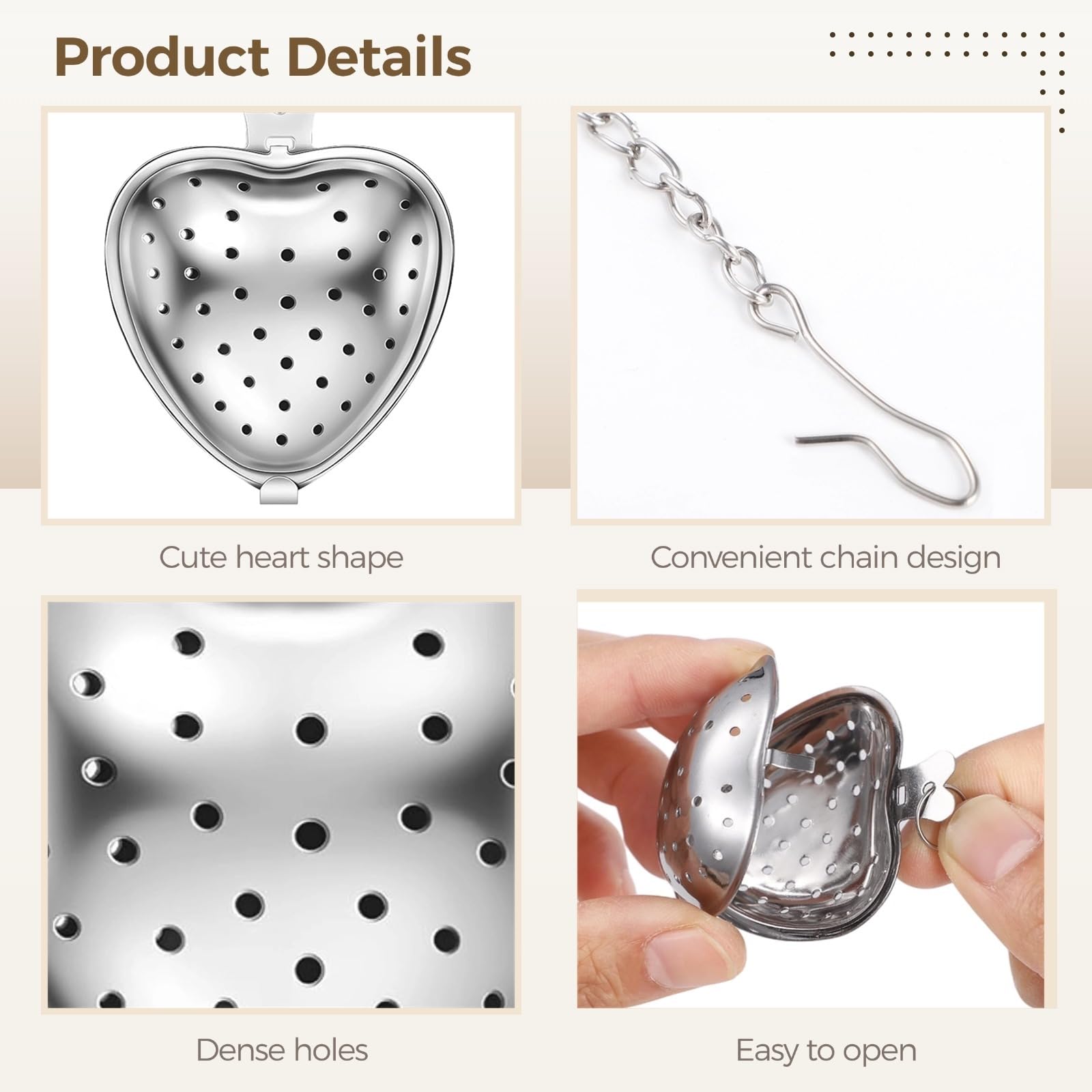 50 Stk. Teesiebe, Edelstahl-Teekugelfilter, Teesieb für losen Tee, Tee-Infusionsdiffusor, herzförmige Netz-Teefilter mit verlängerter Kette und Haken
