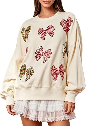 Yiulangde Women Christmas Sequin Oversized Sweatshirt Cute Funny Bow Graphic Pullover Long Sleeve Crewneck Xmas Shirt Top