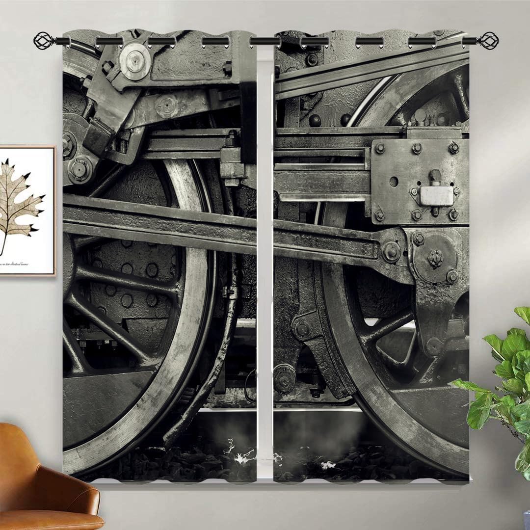Vintage Train Blackout Curtains for Girls Boy Home Decor, Rustic Steam Engine Railway Industrial Grommet Thermal Insulated Drapes Darkening Window Curtain for Bedroom Living Room, 42 x 45 Inch