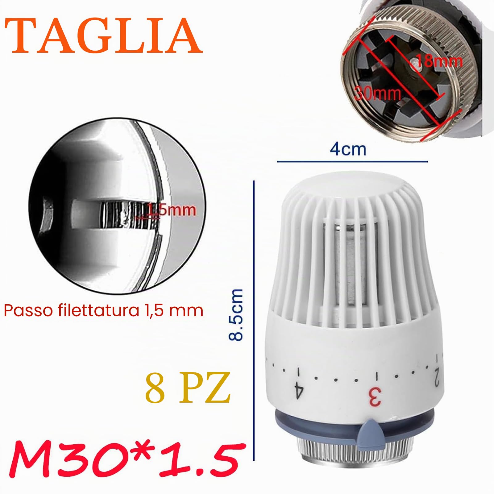 8 pezzi di testine termostatica, testina termostatica per radiatore con filettatura M 30 X 1,5, testina termostatica per valvola radiatore, termostato per riscaldamento, termostato per radiatore